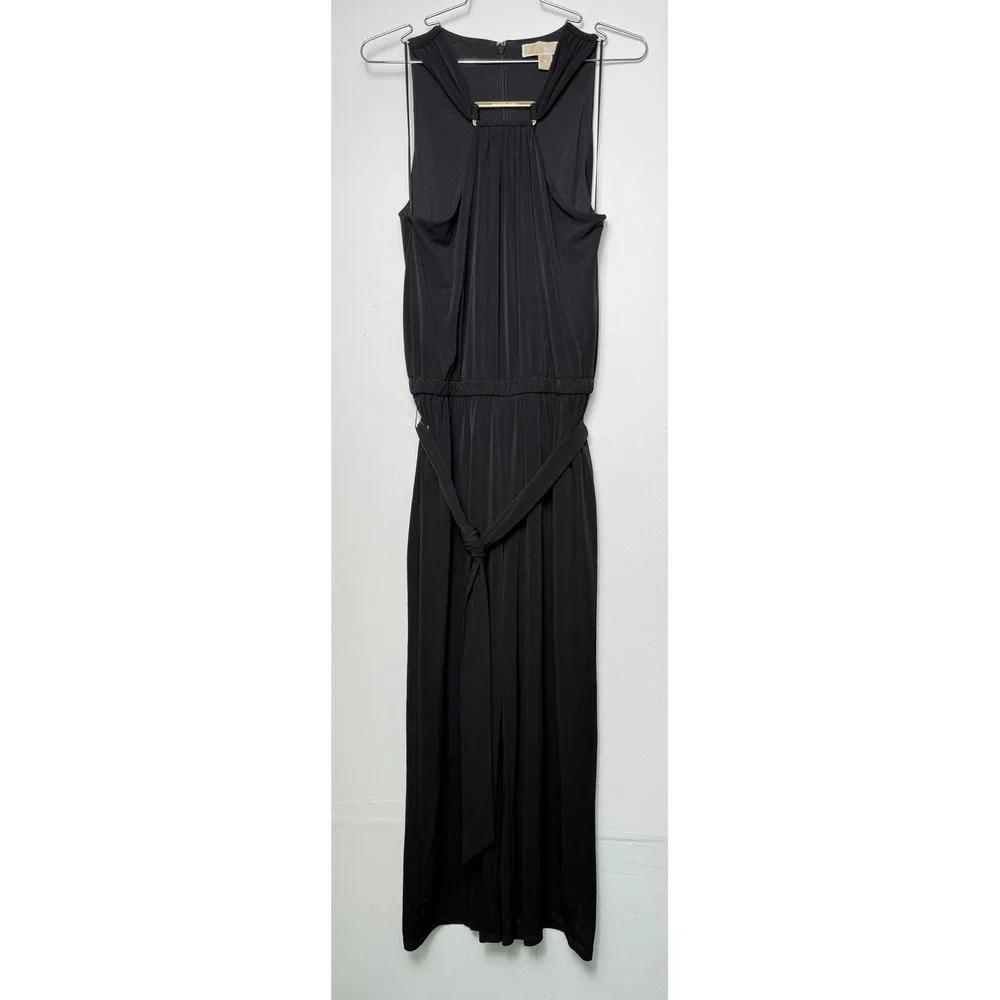 Michael Kors Sleeveless Black Jumpsuit Gold Logo Hardware Belted‎ Size M